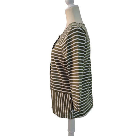 C Wonder Women's 3/4 Sleeve Full Zip Jacket Top Cotton Green White Striped Sz 8 - Picture 4 of 8